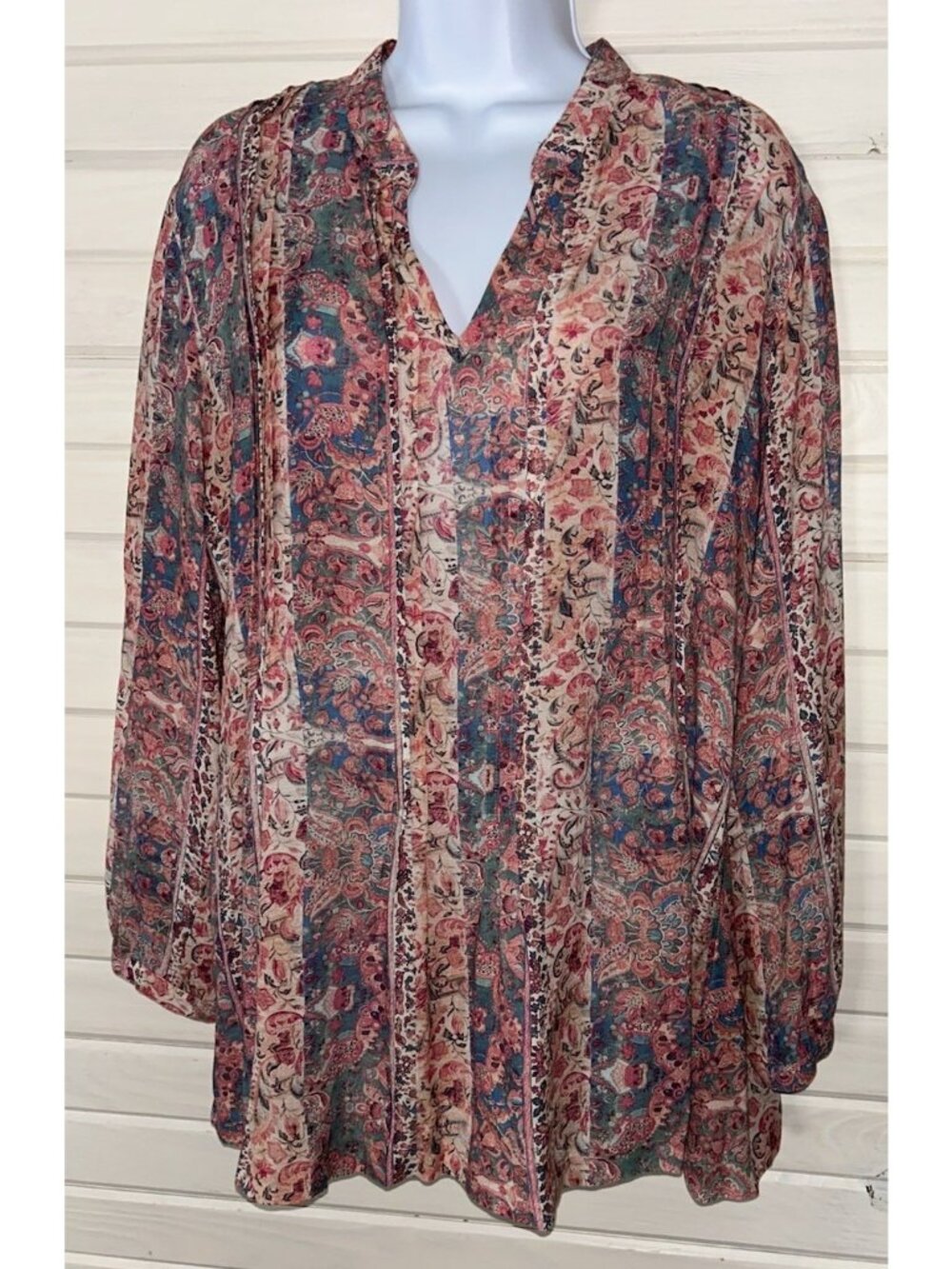 PERUVIAN CONNECTION Sz LARGE Blouse Floral Paisley Pleated V-Neck Boho EUC